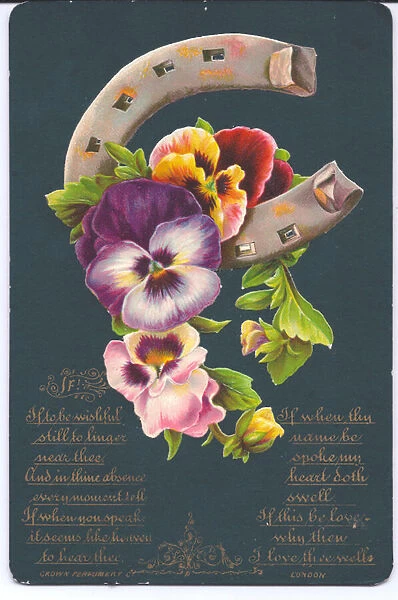 A Victorian good luck greeting card of a horseshoe and pansies, c. 1880 (colour litho)