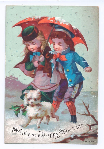 A Victorian New card of two children shielding against the wind under an umbrella