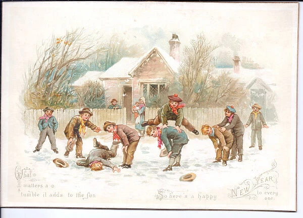 A Victorian New Year card of boys playing leap frog in the snow, c