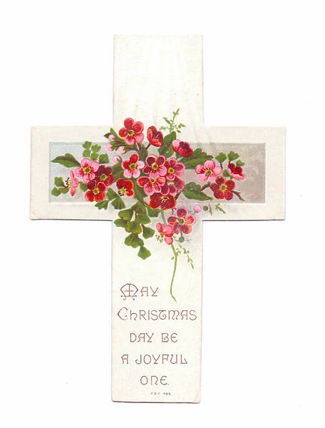 A Victorian religious Christmas card of a die-cut cross decorated with dog roses, c