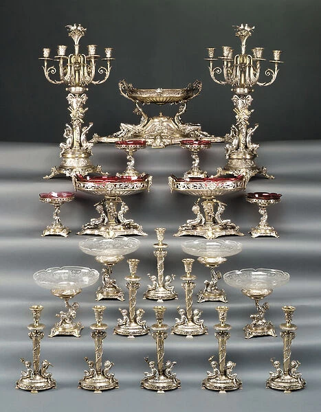Victorian table garniture, 1879 (silver & silver-gilt with glass)