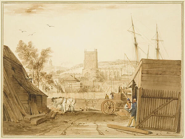 View from Acramans Timber-yard, Wapping, with a view towards the Cathedral