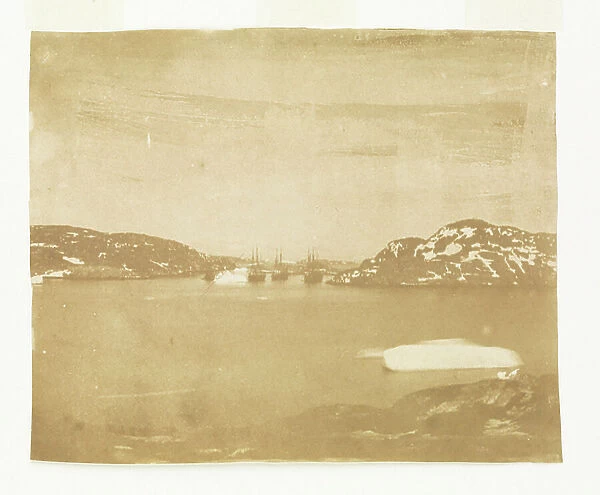 A view across a bay towards the Franklin search ships under Captain Belcher's command, 1852 (b / w photo)