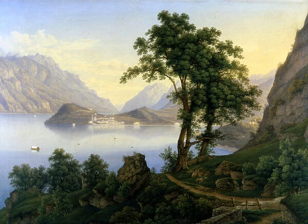 View of Bellagio on Lake Como. 19th century. Painting by Jacob Suter