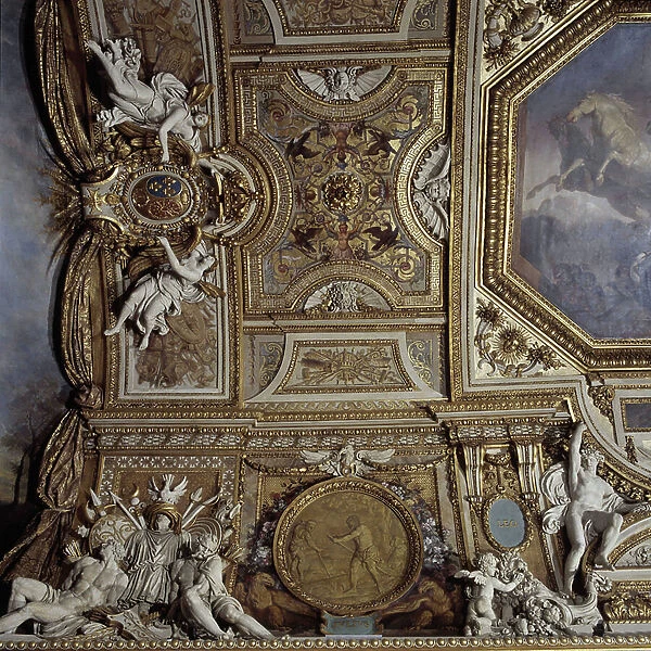 View of the ceiling of the Galerie d'Apollon at the Musee du Louvre in Paris