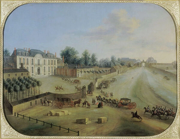 View of the Chateau de la Muette with the arrival of King Louis XV (1710-74), c.1738 (oil on canvas)