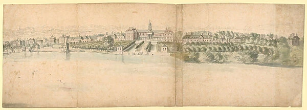 View of Chelsea Hospital and its environs (coloured engraving)
