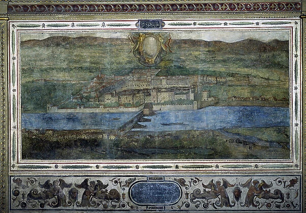 View of the city of Innsbruck, Austria. View of the cities of the Habsburg Empire. Fresco of the Michelozzo Court at the Palazzo Vecchio in Florence. Painting by Sebastiano Veronese Giovanni Lombardi, Cesare Baglioni and Turino da Piamonte