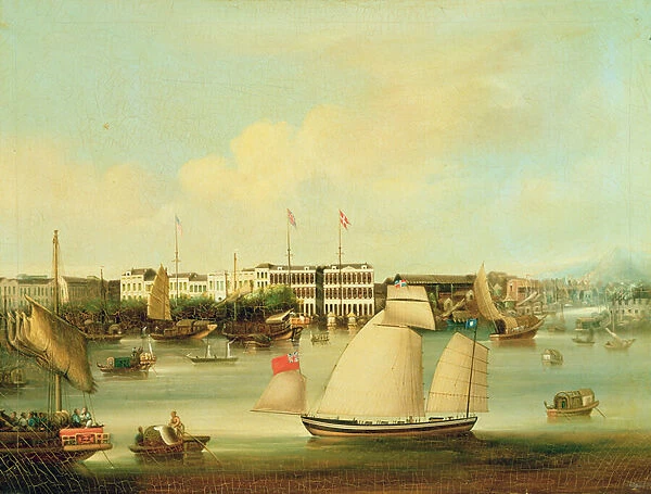 View of the Foreign Factories, Canton, before 1850 (oil on canvas)