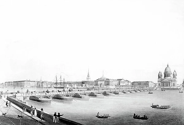 View of the Isaac bridge, winter Palace and Admiralty of Saint Petersburg in Russia, c. 1810, engraving