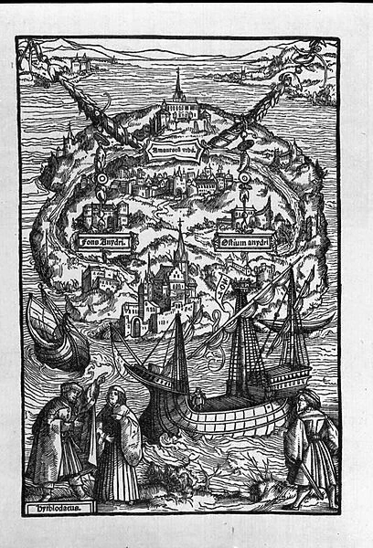 View of the island of Utopia (Utopia) from the book of Thomas More (1478-1535), 'De optmo republicae statu deque nova insula Utopia'. Engraved by Johann Froben. 1518