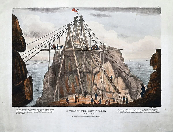 View of Logan Rock, near the Land's End, 1824 (hand coloured litho on paper)