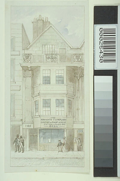 View of no. 185 Fleet Street, with figures walking past Knights Templars Coffee