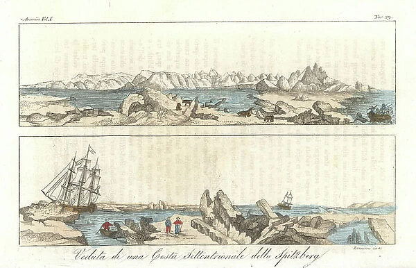 View of the north coast of Spitsbergen island, Norway, early 19th century. Handcoloured copperplate engraving by Bernieri from Giulio Ferrario's Ancient and Modern Costumes of all the Peoples of the World, 1837