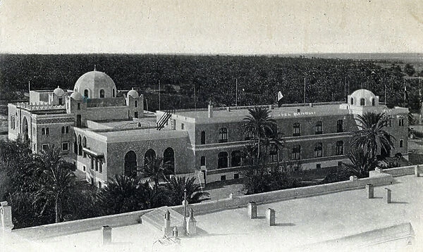 View of the oasis, the casino and the palace hotel of Biskra, Algeria Postcard ca. 1910
