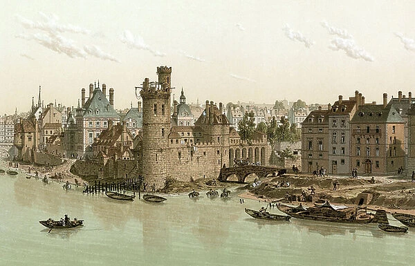 View of Paris in 1650 : bank of Seine river : Guenegaud hotel and the tower of Nesle (destroyed in 1665), engraving by Bayalos after Hoffbauer
