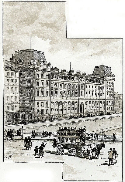 View of the police department on the quai des golfevres, Paris Drawing by Gustave Fraipont (1849-1923) from Saint-Juirs, 1890 Collection privee