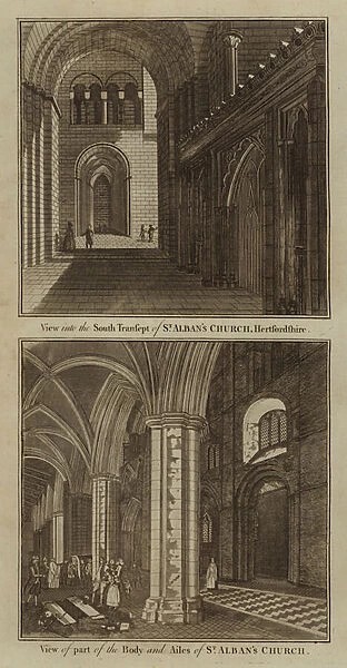 View into the South Transept of St Albans Church, Hertfordshire; View of part of the Body and Ailes of St Albans Church (engraving)