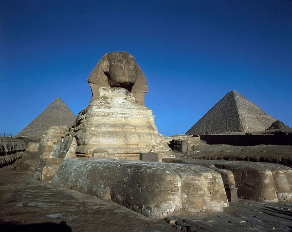 View of the sphinx and pyramids of Chephren and Cheops