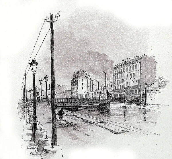 View of the swinging bridge of quai de Valmy on the canal Saint Martin, Paris Drawing by Gustave Fraipont (1849-1923) from Saint-Juirs, 1890 Collection privee