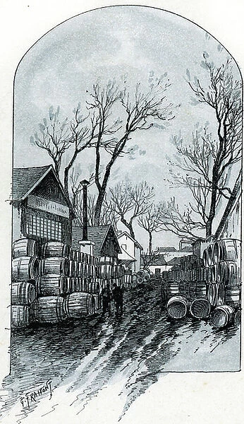 View of the warehouse of rue de Sauternes, Bercy, Paris (View of the warehouse of rue de Sauternes, Bercy, Paris) Drawing by Gustave Fraipont (1849-1923) draws from 'La seine a travers Paris' by Saint-Juirs, 1890 Collection privee