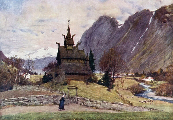 Vik 'Stav-Kirke, 'Sogne Fjord (colour litho)