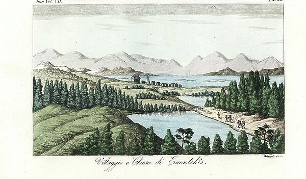 Village with church in Enontekio, northern Lapland. Handcoloured copperplate engraving by Giarre from Giulio Ferrario's Costumes Ancient and Modern of the Peoples of the World, 1847