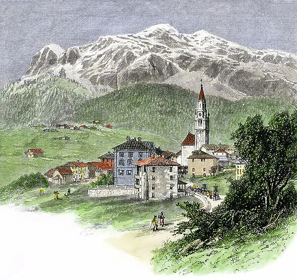 Village of Cortina at the foot of Mount Tofana in the Dolomites, Italian Alps, 19th century. Colour engraving of the 19th century