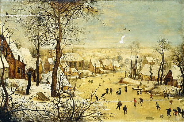 A Village in Winter with a Birdtrap and Skaters on a frozen waterway, (oil on panel)