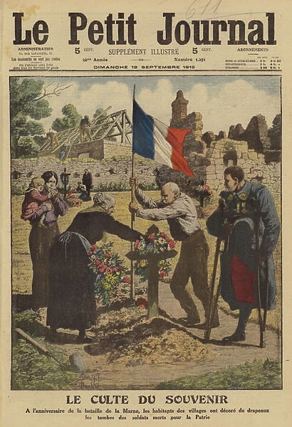 Villagers planting the French flag on the grave of a soldier killed in the First Battle of the Marne on the first anniversary of the battle, World War I, 1915 (colour litho)