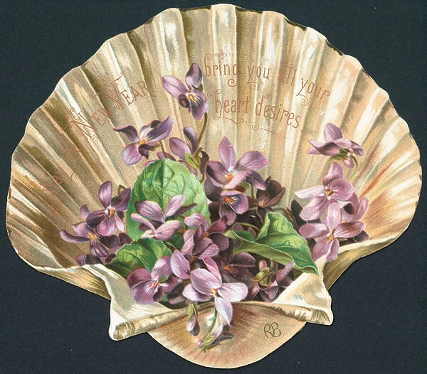 Violets in Clam Shell, New Year Card (chromolitho)