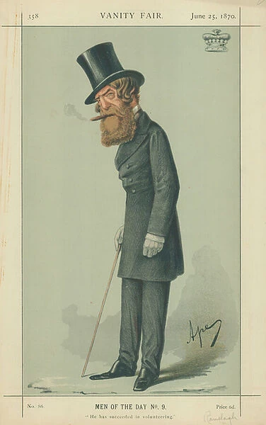Viscount Ranelagh, He has succeeded in volunteering, 25 June 1870, Vanity Fair cartoon (colour litho)