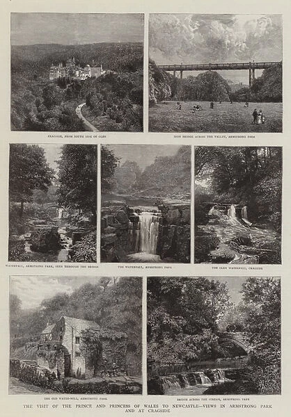 The Visit of the Prince and Princess of Wales to Newcastle, Views in Armstrong Park and at Cragside (engraving)