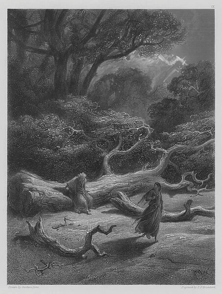 Vivien encloses Merlin in the Tree (engraving)