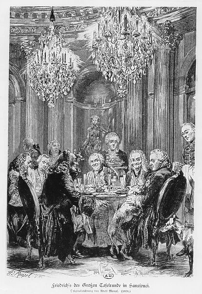 Voltaire seated next to King Frederick II at the Chateau de Sans Souci, Potsdam, Germany