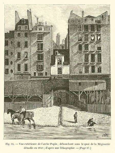 Vue exterieure de l arche Popin, debouchant sous le quai de la Megisserie demolie en 1840; d apres une lithographie (engraving)