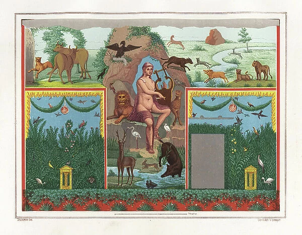 Wall painting of Orpheus with lyre from the viridarium (garden) of the House of Vesonius Primus, a fuller. He is surrounded by animals including a lion, cougar, boar, stag, rabbit, and blue flamingo