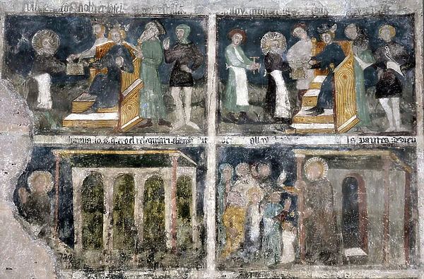 Wall paintings of the Life of Saint Eloi '' Blacksmith and Orfevre'' by the Cathedrale Notre Dame de Rodez. legende in the language of OC