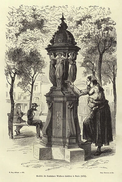 Wallace fountain installed in Paris in 1872 (engraving)