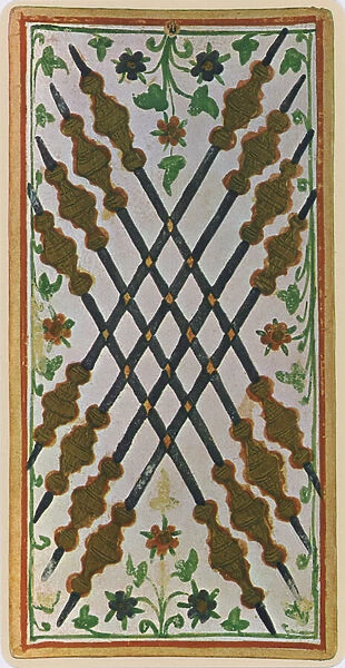 The Eight of Wands, facsimile of a tarot card from the Visconti deck