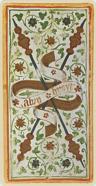 The Two of Wands, facsimile of a tarot card from the Visconti deck