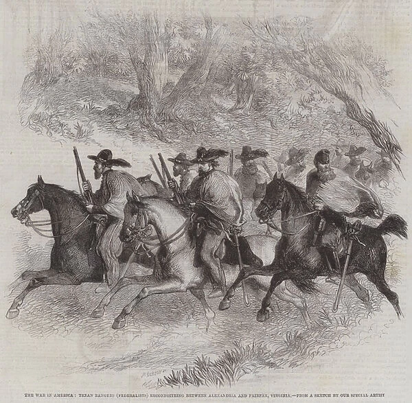 The War in America, Texan Rangers (Federalists) reconnoitring between Alexandria and Fairfax, Virginia (engraving)