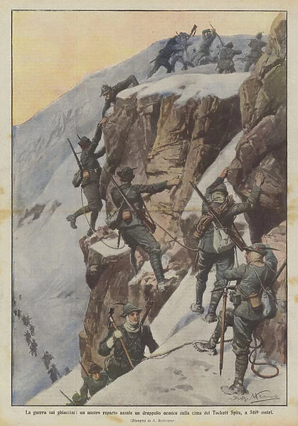 The war on the glaciers, one of our wards assaults an enemy group on the top of the Tuckett Spitz, at 3469 meters (color litho)