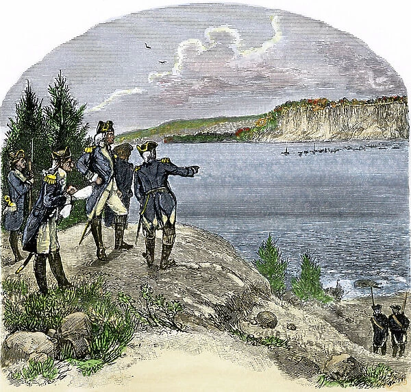 War of Independence or American Revolution (1775-1799): General George Washington (1732-1799), of continental forces, organized the defense of the Hudson River in Washington Heights, New York. Coloured water, 19th century