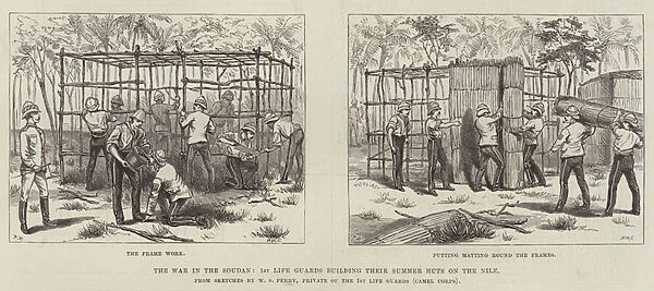 The War in the Soudan, 1st Life Guards building their Summer Huts on the Nile (engraving)