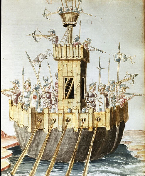 A warship, with soldiers armed with crossbows and arrows, shields and spears (drawing