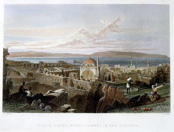Watercolour depicting Acre in Palestine. ca. 1835 by William Henry Bartlett. (1809 - 1854). Brown ink and wash