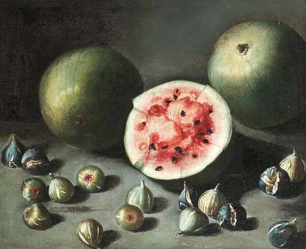 Watermelons and figs on a stone ledge (oil on canvas laid down on board)