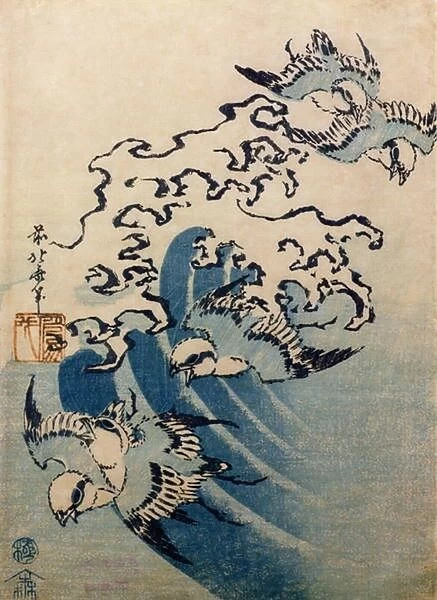 Waves and Birds, c. 1825 (colour woodblock print)
