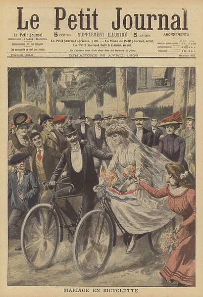 A wedding on bicycles in Nice (colour litho)